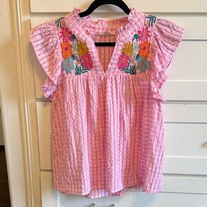 THML Pink Textured Blouse with Ruffled Sleeves